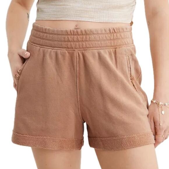 Aerie Lightweight Cotton Neutral High Waisted Chillax Fleece Short in Cappuccino - Picture 1 of 10